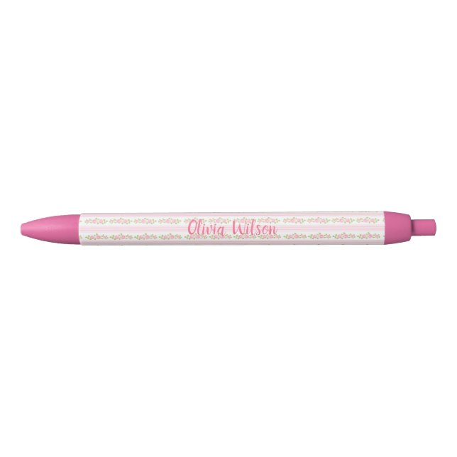 Pastel Pink Flowers and Stripes Coquette Monogram Black Ink Pen (Front)