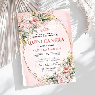 Pastel Pink Flowers Greenery 15th Birthday Invite 