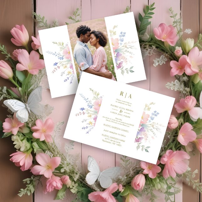 Pastel Pink Flowers Greenery Elegant Spring Photo Invitation (Pastel Pink Flowers & Greenery Elegant Spring Photo Wedding Invitations Cards. )