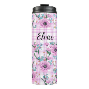 PASTEL PINK FLOWERS WITH PLAID PATTERNS THERMAL TUMBLER
