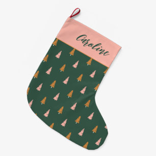 Pastel Pink & Forest Green Trees Holiday Large Christmas Stocking