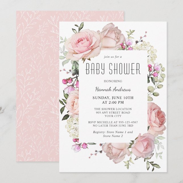 Pastel Pink Garden Roses Baby Shower for Girl Invitation (Front/Back)