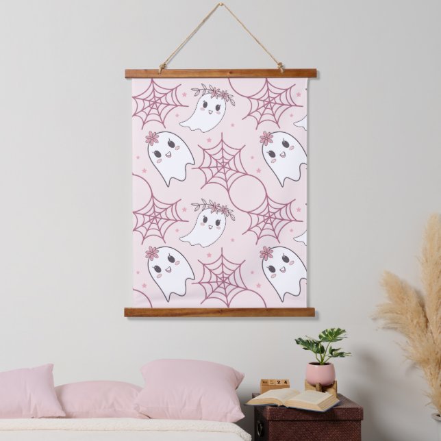 Pastel Pink Ghost Halloween Kawaii Pattern Hanging Tapestry (Bedroom)