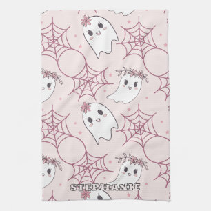 Pastel Pink Ghost Halloween Kawaii Pattern Tea Towel