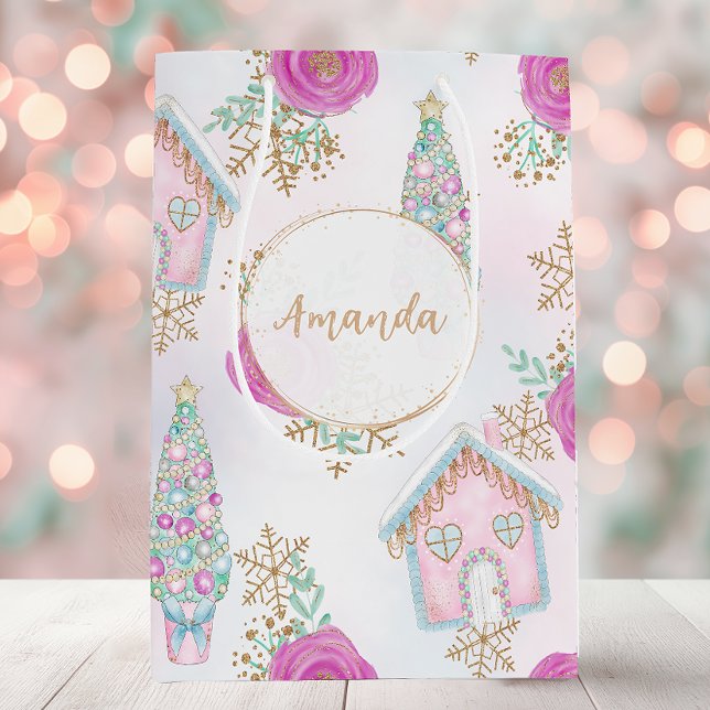 Pastel Pink Gingerbread Personalised Christmas Medium Gift Bag (Personalized Pink Gingerbread Christmas Gift Bag)