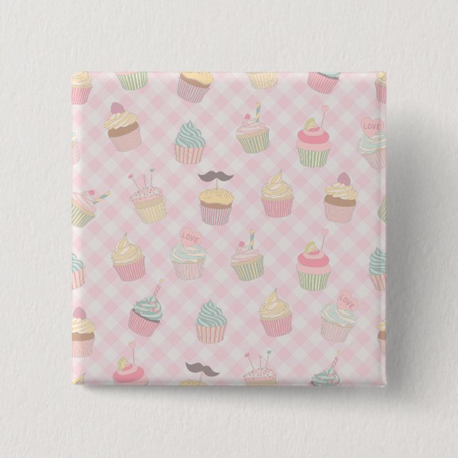 Pastel Pink Gingham Cute Cupcakes Pattern 15 Cm Square Badge (Front)