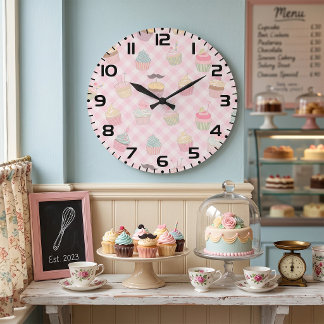 Pastel Pink Gingham Cute Cupcakes Pattern Large Clock