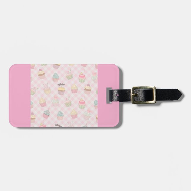 Pastel Pink Gingham Cute Cupcakes Pattern Luggage Tag (Front Horizontal)