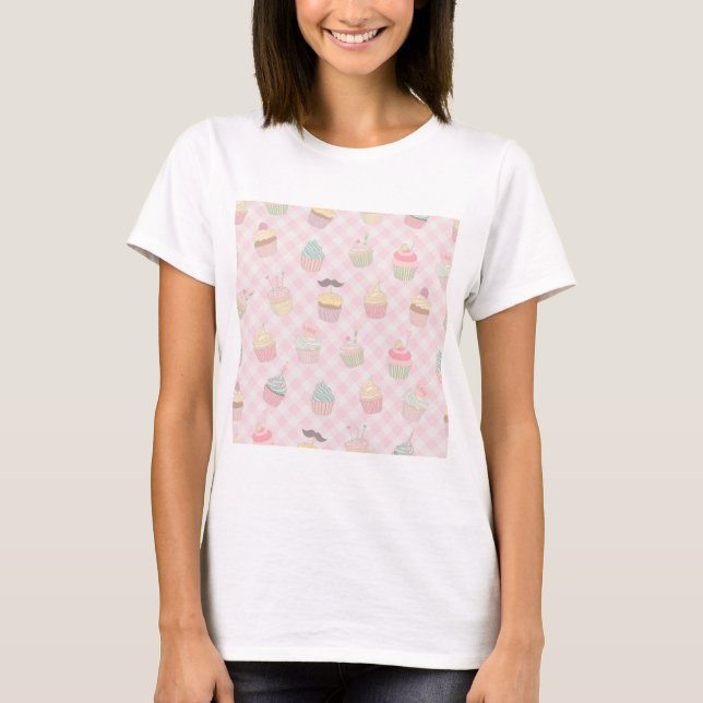 Pastel Pink Gingham Cute Cupcakes Pattern T-Shirt (Front)