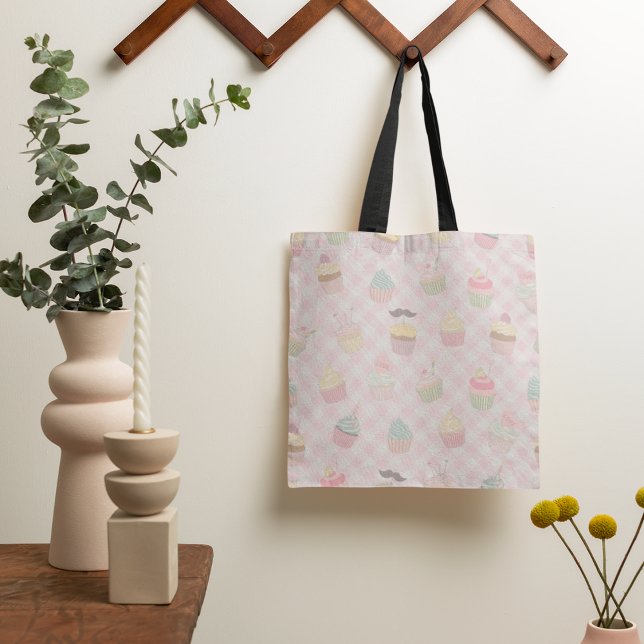 Pastel Pink Gingham Cute Cupcakes Pattern Tote Bag (Creator Uploaded)