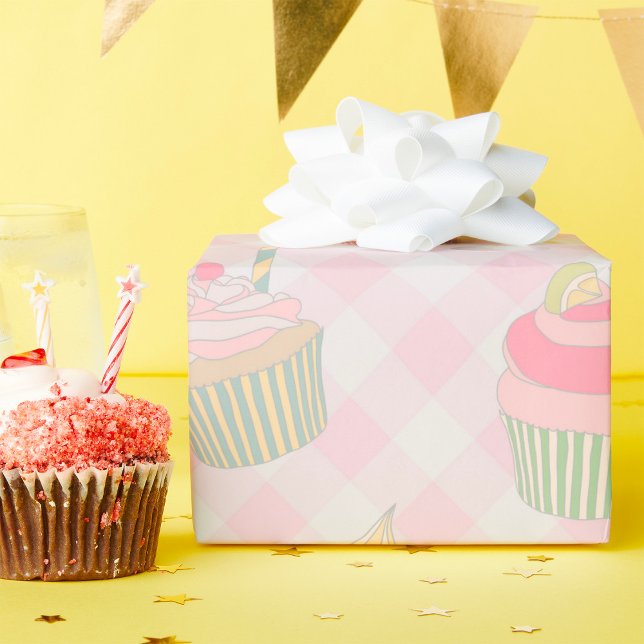 Pastel Pink Gingham Cute Cupcakes Pattern Wrapping Paper (Creator Uploaded)
