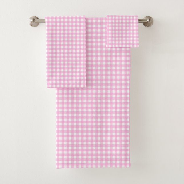 Pastel Pink Gingham Pattern Bath Towel Set (Insitu)