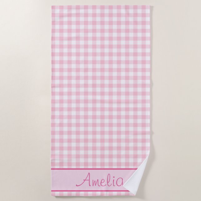 Pastel Pink Gingham Pattern | Personalised Beach Towel (Front)
