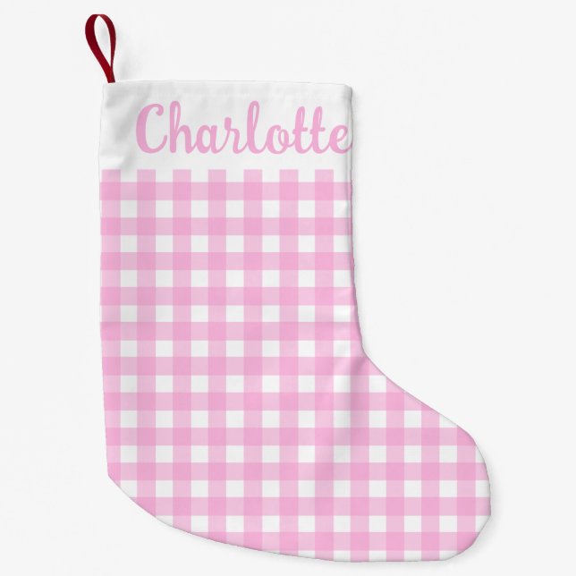 Pastel Pink Gingham Pattern Small Christmas Stocking (Front)