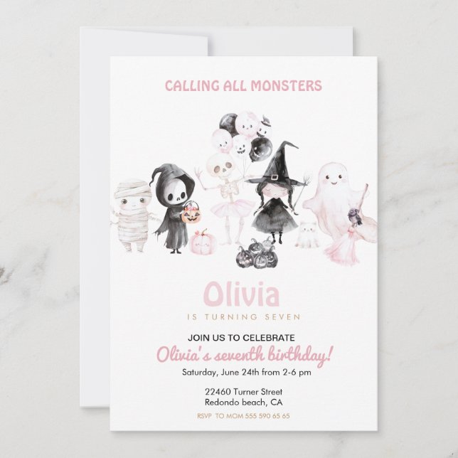 Pastel pink girl halloween birthday invitation (Front)