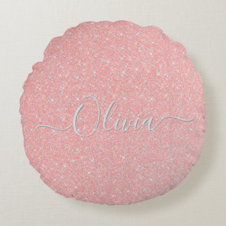 Pastel Pink Glitter Sparkle Custom Name Round Cushion