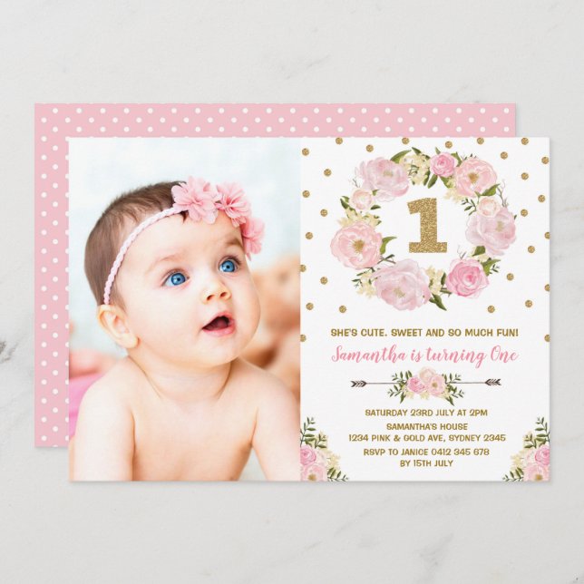 Pastel Pink Gold Floral First 1st Birthday Invite (Front/Back)