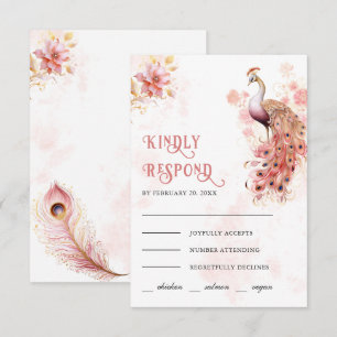 Pastel Pink Gold Floral Indian Peacock Wedding RSVP Card