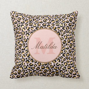 Pastel Pink & Gold Leopard Animal Print Monogram Cushion
