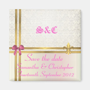 Pastel pink & gold on damask save the date magnet