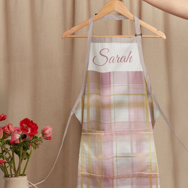 Pastel Pink & Gold Plaid Custom Name Kitchen Apron (Creator Uploaded)