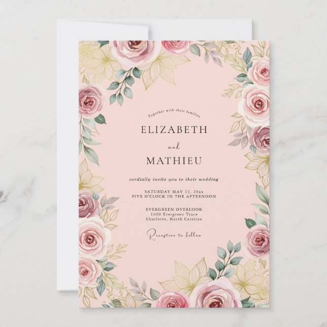 Pastel Pink Graceful Rose Wedding Invitation (Front)