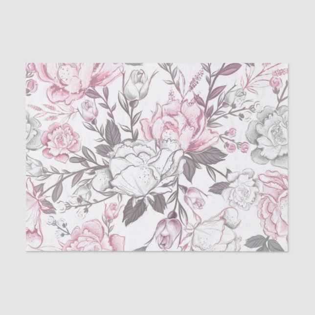 PASTEL PINK & GRAY BABY GIRL FLOWERS TISSUE PAPER (Front)