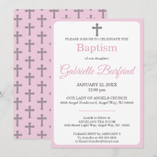Pastel Pink & Gray Cross Watercolor Baptism Invitation
