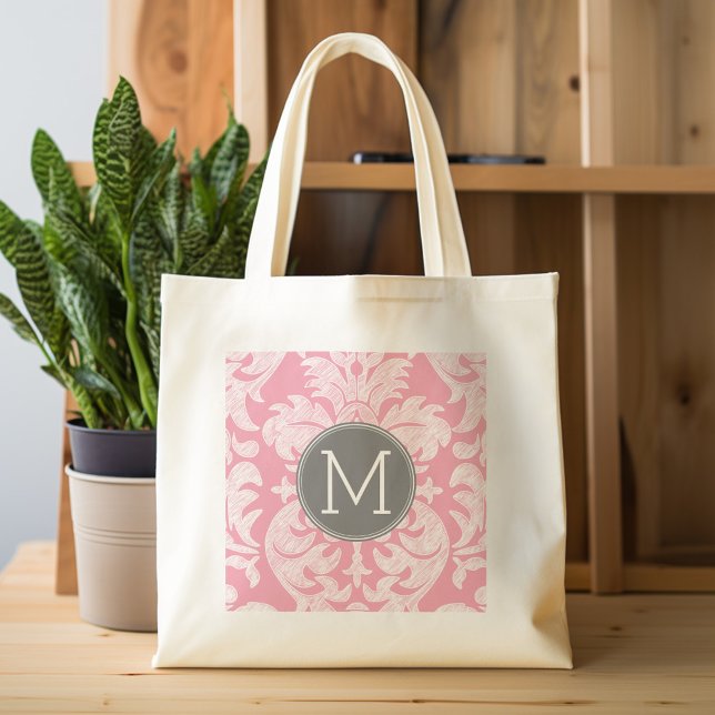 Pastel Pink & Gray Damask Pattern Custom Monogram Tote Bag (Personalized tote bag - pattern and monogram)
