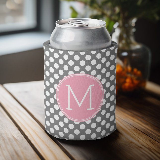 Pastel Pink & Gray Polka Dots - Classic Monogram Can Cooler (Celebrate with a personalized can cooler - add your name or monogram. Great party favor or gift)