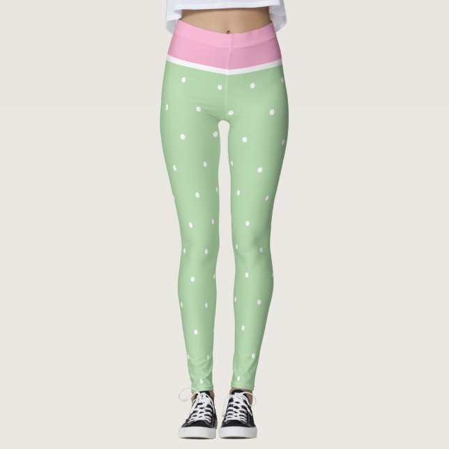 Pastel Pink Green and White Polka Dots Leggings (Front)