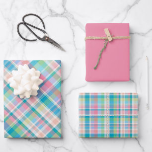 Pastel Pink, Green, Blue & White Plaid Wrapping Paper Sheet