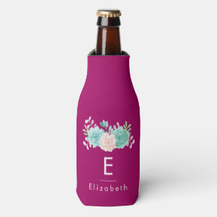Pastel Pink & Green Floral Bouquet on Magenta Back Bottle Cooler