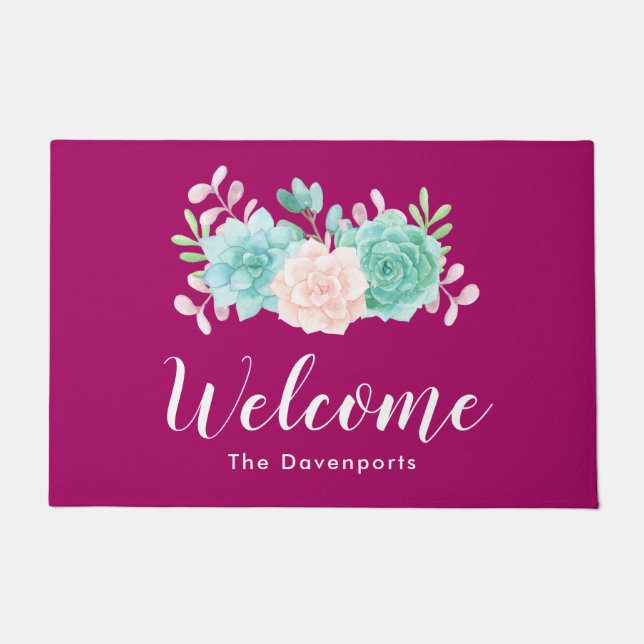 Pastel Pink & Green Floral Bouquet on Magenta Back Doormat (Front)