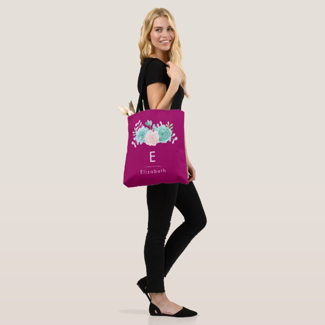 Pastel Pink & Green Floral Bouquet on Magenta Back Tote Bag (On Model)