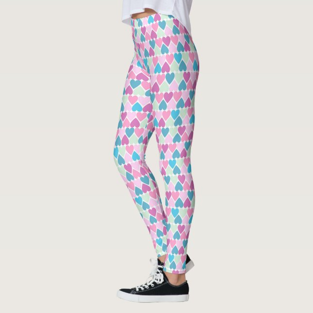 Pastel Pink Green Hearts Pattern Leggings (Left)