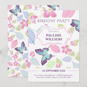 Pastel pink green leaves butterflies birthday invitation