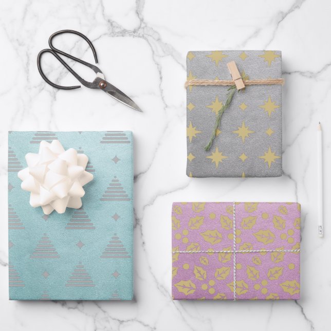 Pastel Pink Green Silver  Modern Christmas Pattern Wrapping Paper Sheet (Front)