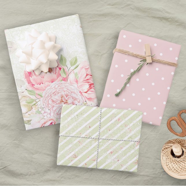 Pastel Pink Green Spring Floral Stripes Wrapping Paper Sheet (Creator Uploaded)