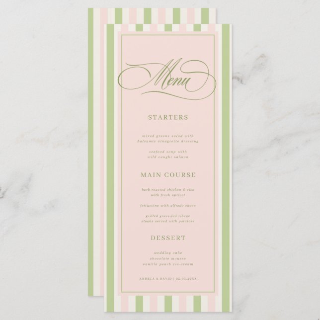 Pastel Pink & Green Stripes Retro Wedding Menu (Front/Back)