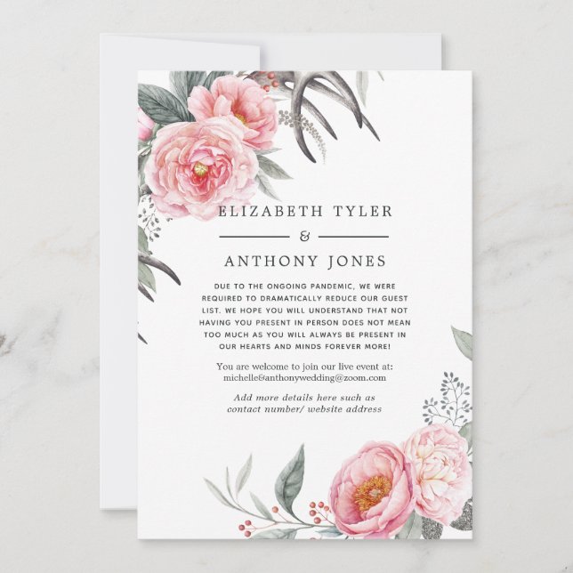 Pastel Pink & Grey Boho Floral Reduced Guest List Announcement (Front)