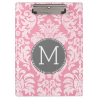 Pastel Pink & Grey Damask Pattern Custom Monogram