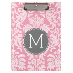 Pastel Pink & Grey Damask Pattern Custom Monogram Clipboard