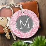 Pastel Pink & Grey Damask Pattern Custom Monogram Key Ring<br><div class="desc">Add your monograms to this trendy and feminine floral damasks with popular colours. The damask has a whimsical chalkboard look.</div>