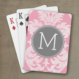 Pastel Pink & Grey Damask Pattern Custom Monogram Playing Cards