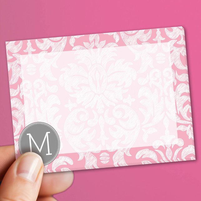 Pastel Pink & Grey Damask Pattern Custom Monogram Post-it Notes (Custom Post It Notepad)