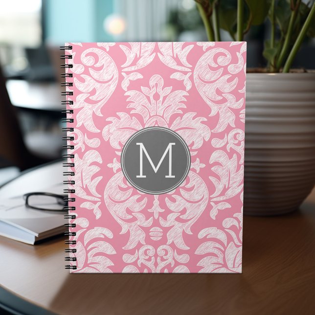 Pastel Pink & Grey Damask Pattern Custom Monogram Spiral Notebook (Personalized notebook - add monogram and custom text)