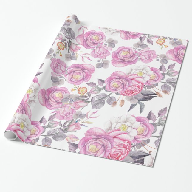 Pastel pink grey elegant country roses flowers wrapping paper (Unrolled)
