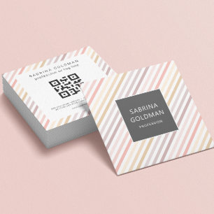 Pastel Pink Grey Gold Stripes QR CODE Square Business Card