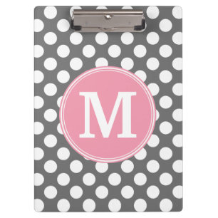 Pastel Pink & Grey Polka Dots with Custom Monogram Clipboard